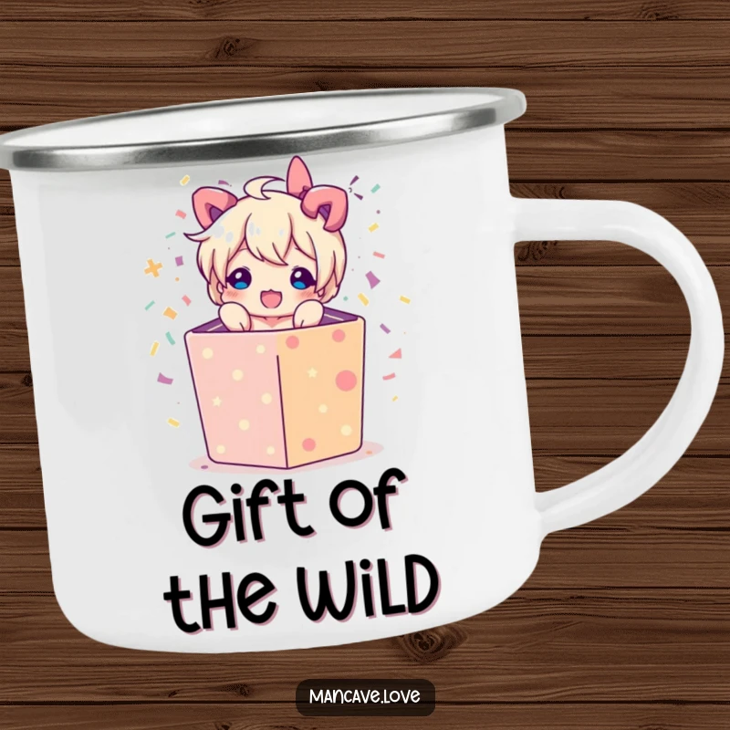 Funny camping mug with a character bursting from a gift box with confetti, durable and humorous for outdoor celebrations.
