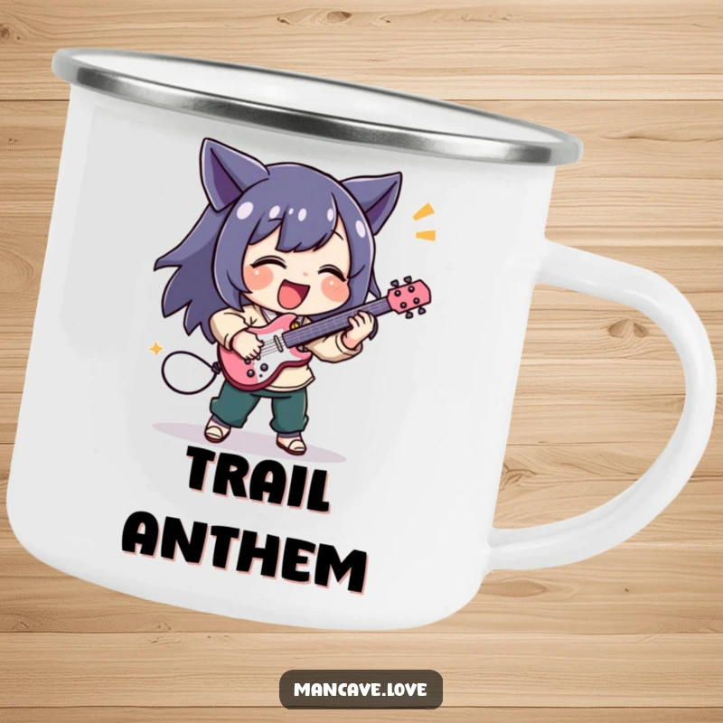 Funny camping mug with a character joyfully playing a tiny air guitar with excitement, perfect for outdoor music lovers.