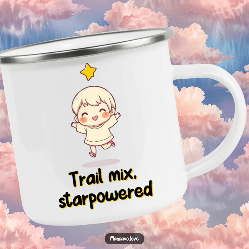 Funny Camping Mug with a character skipping happily under a star, perfect for outdoor enthusiasts who love joy.