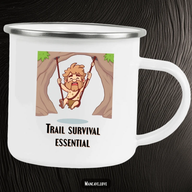 Funny Caveman Camping Mug depicting a character playfully swinging a club, ideal for outdoor adventures and humorous moments.