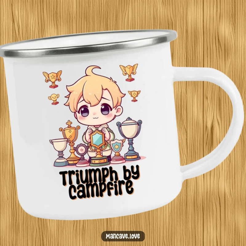 Funny Camping Mug: A character admiring imaginary trophies, perfect for celebrating adventures, a great funny gift.
