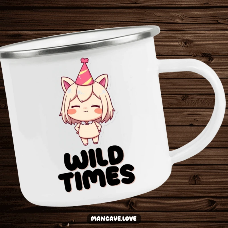 Funny camping mug with a character in a party hat, confidently winking, perfect for enjoying drinks outdoors.