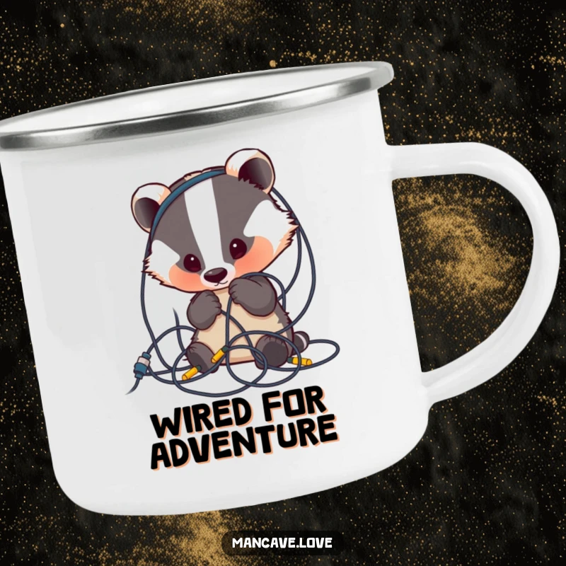 Funny Badger Camping Mug: A cute badger curiously examines a tangled mess of wires, perfect for humorous outdoor enjoyment.