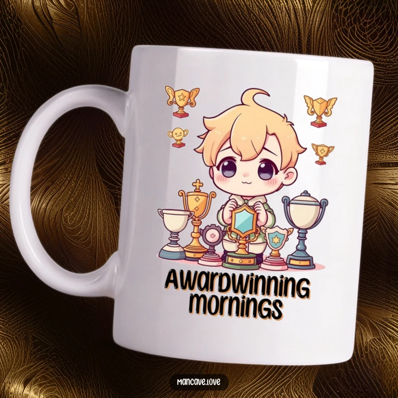 Funny Mug: A charming character admiring a collection of imaginary trophies, celebrating dreams and successes, a perfect funny gift.