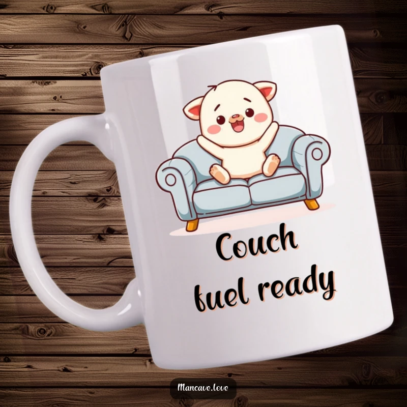 Funny sofa jump mug with a contented sofa character looking inviting and ready for someone to jump on it.