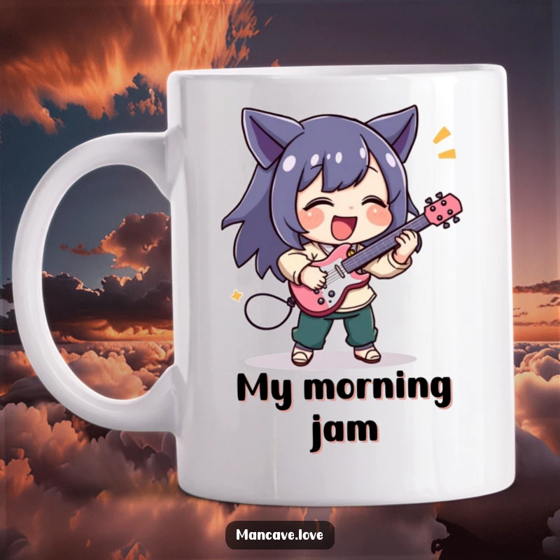 Funny mug with a character joyfully playing a tiny air guitar with wild excitement, capturing the spirit of music.