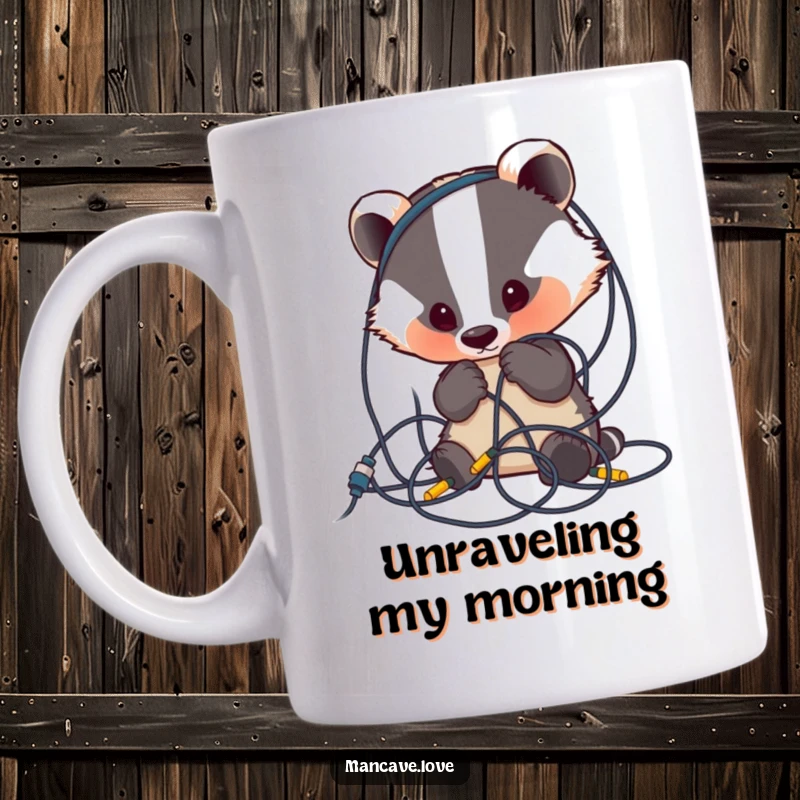 Funny Badger Mug: A cute badger looks curiously perplexed at a tangled mess of wires, showcasing a humorous tech struggle.