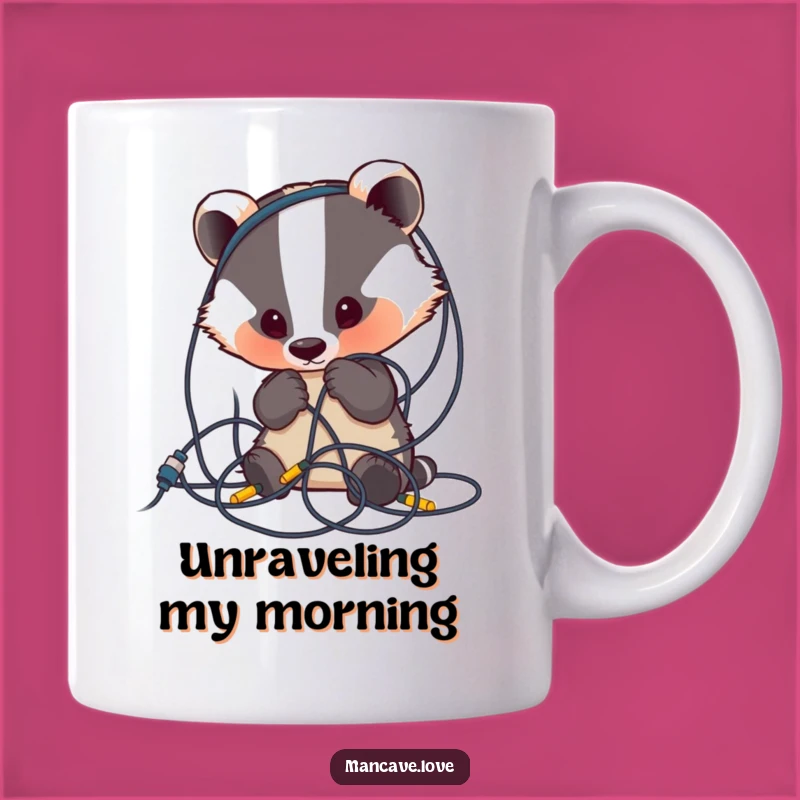 Funny Badger Wire Mess Mug: Curious Character's Puzzle, Perfect Humorous Gift for Tech Troubles