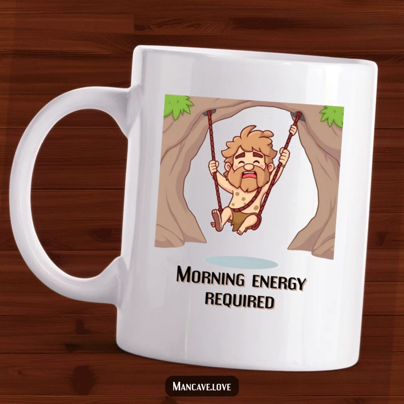 Funny Caveman Mug showing a prehistoric character playfully swinging a club with a mischievous grin, perfect for humor lovers.