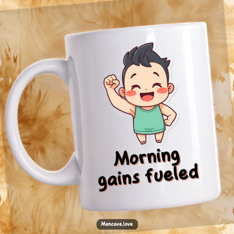Funny mug with a cute character joyfully flexing a tiny bicep with a huge smile, radiating positivity and humor.