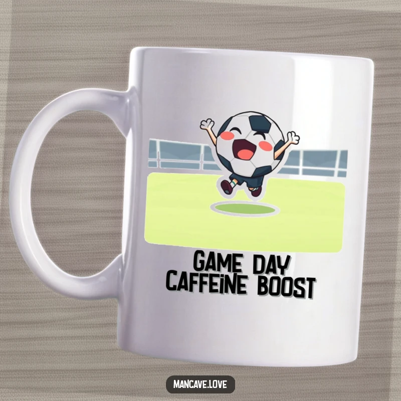 Funny football bounce mug with a joyful character energetically bouncing, celebrating a touchdown or exciting play.