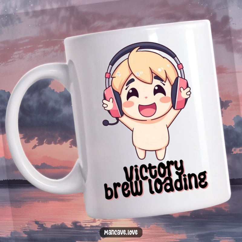 Funny gaming headset mug with a cheerful character wearing a headset and cheering loudly, celebrating a gaming victory.