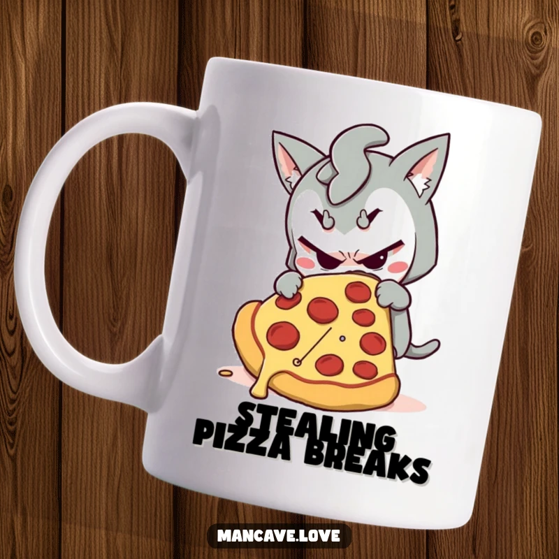 Funny mug featuring a mischievous character sneaking a giant slice of pizza, embodying playful gluttony and pizza-fueled fun.