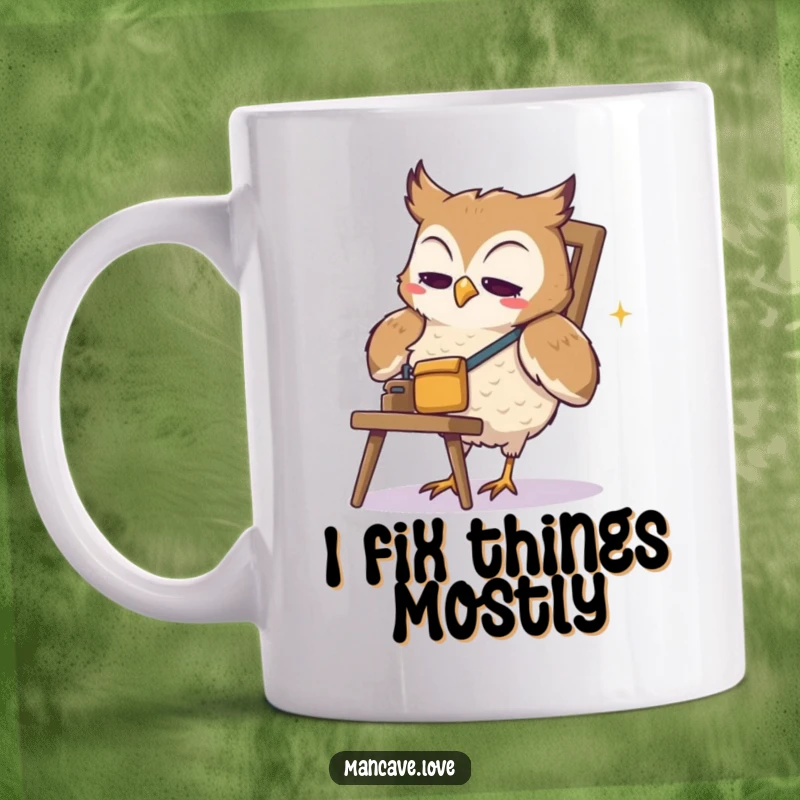 Funny Owl Mug: A cute owl in a tool belt struggles comically with a wobbly chair, showing its determined, yet clumsy, fixing attempt.