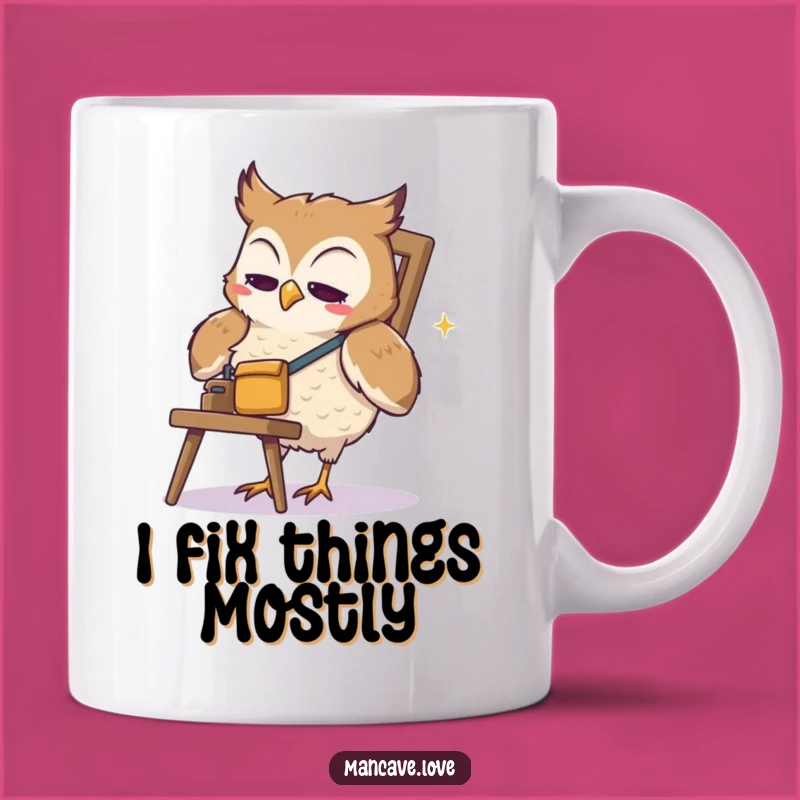Funny Owl Fixer Mug: Adorable Cartoon Owl with Tool Belt, Perfect Humorous Gift for DIY Disasters