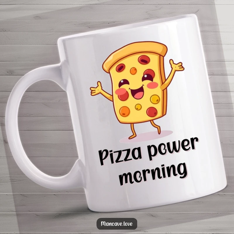 Funny pizza dance mug with a smiling pizza slice character doing a happy, energetic dance, full of cheesy joy.