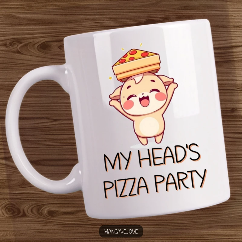 Funny Mug: A delighted character humorously balancing a pizza box on its head, showcasing pure pizza joy.