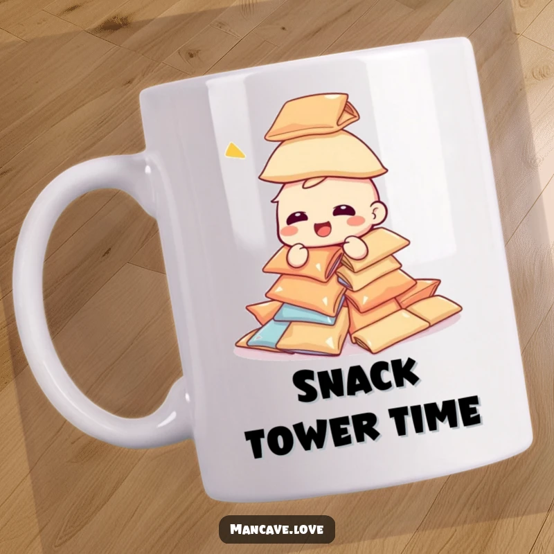 Funny giggling character mug, attempting to build a tower of snack bags, chaos and joy of snacking, humorous design.