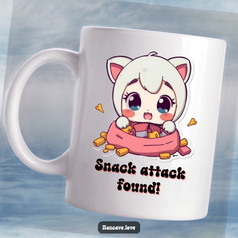 Funny Mug shows a character with wide, surprised eyes discovering a hidden stash of delicious snacks, conveying pure, humorous delight.