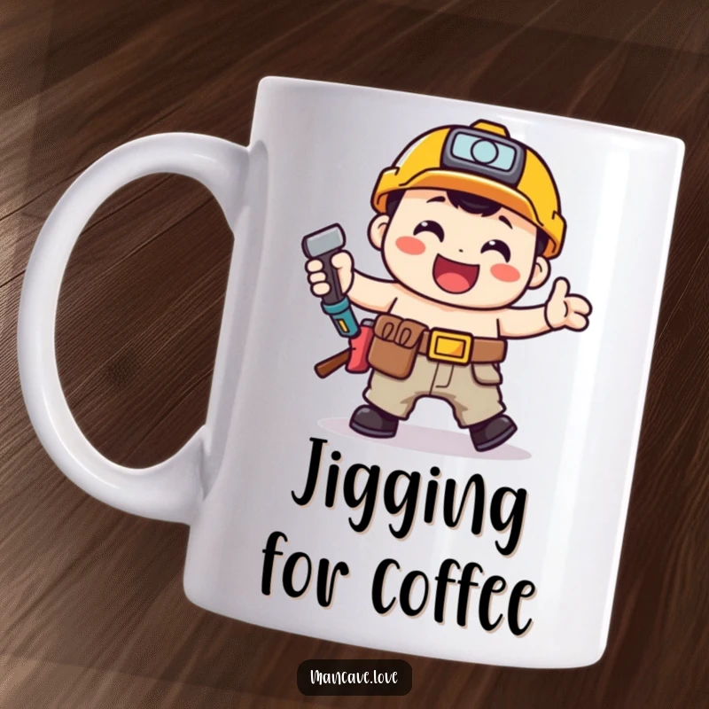 Funny toolbelt character doing a happy jig, showcasing a joyful and energetic dance on this mug.