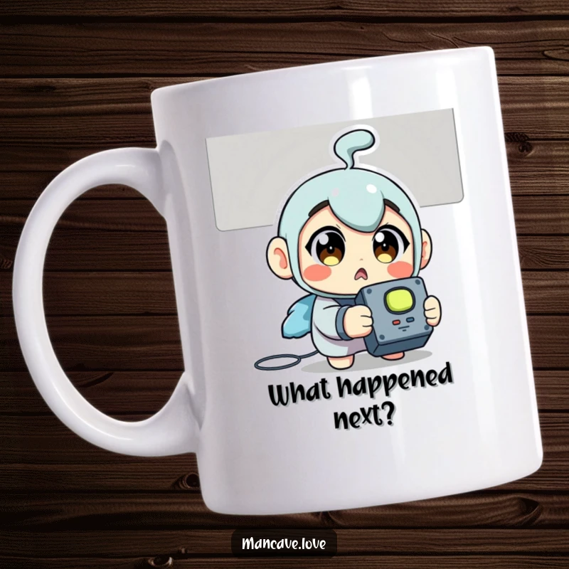 Funny Mug: A surprised character with wide eyes clutches a TV remote, capturing the shock of finding it.