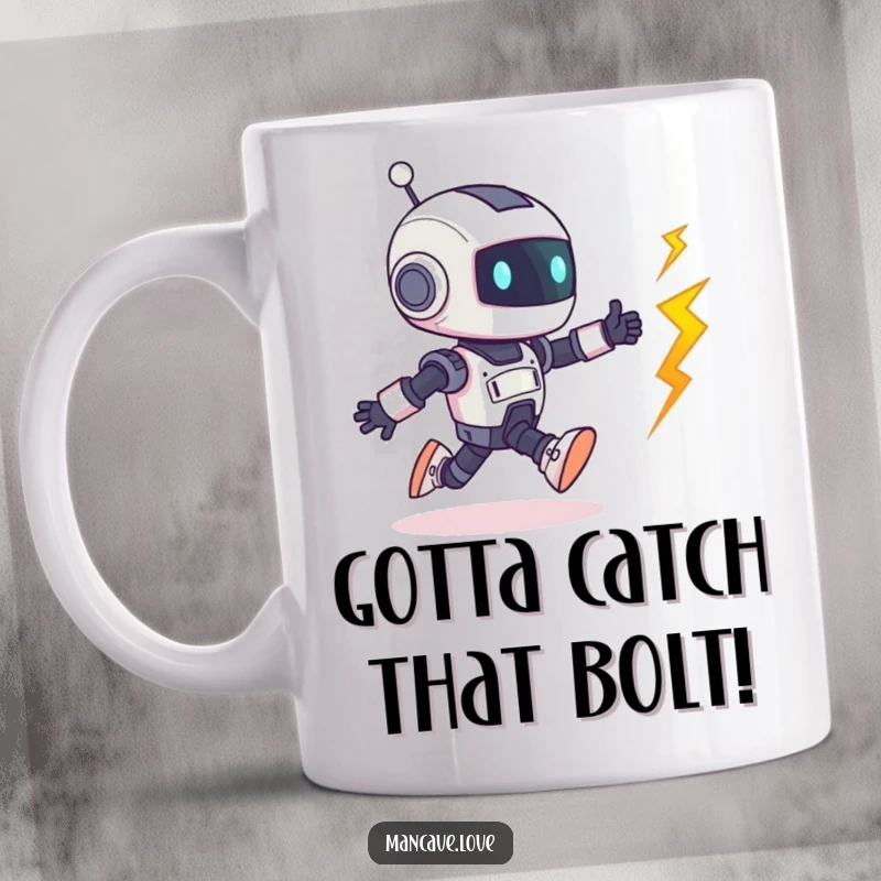 Funny Robot Mug: A tiny robot character joyfully chases a runaway bolt, depicting a moment of mechanical, humorous pursuit.