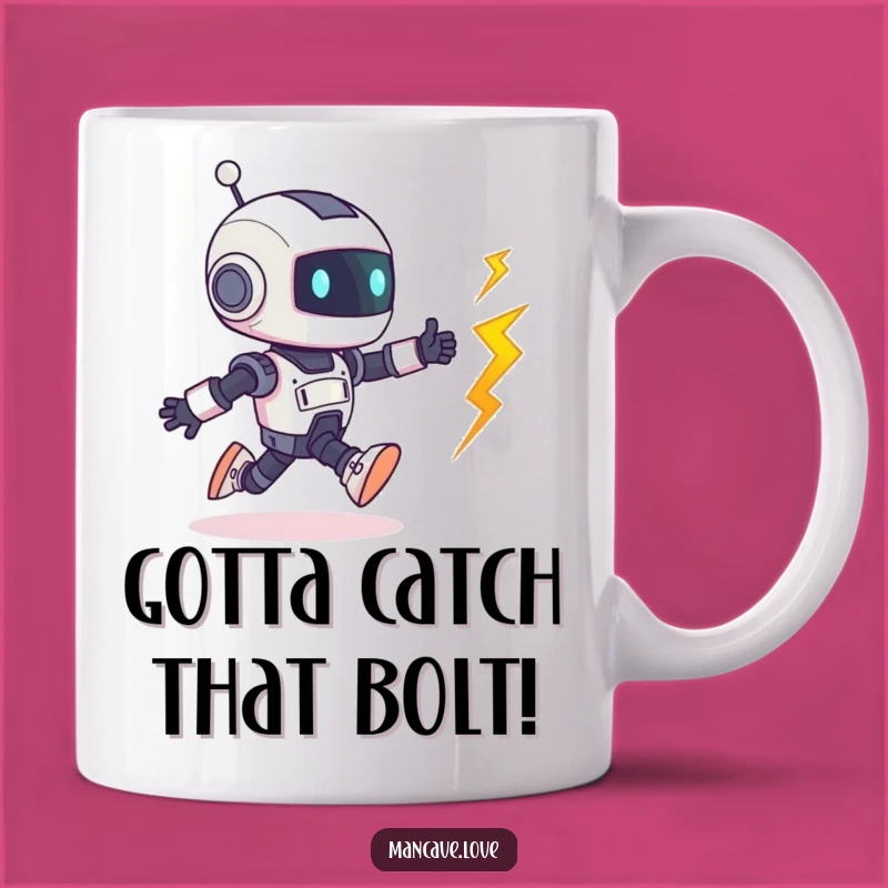 Funny Robot Bolt Chase Mug: Tiny Character's Playful Pursuit, Perfect Humorous Gift for Tech Lovers
