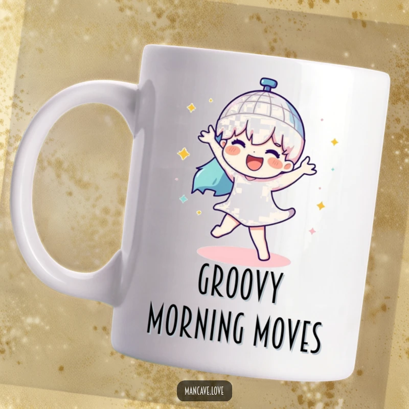Funny mug featuring a character doing a silly dance with a disco ball spinning, celebrating fun and parties with humor.