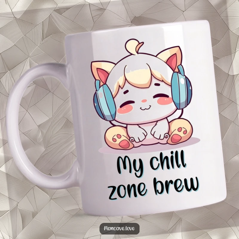 Funny Mug: A whimsical character relaxing with large headphones and a smile, enjoying music bliss, a perfect funny gift.