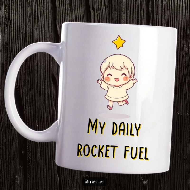 Funny Mug featuring a character mid-skip with a shining star above, embodying spontaneous happiness and cheerful energy.