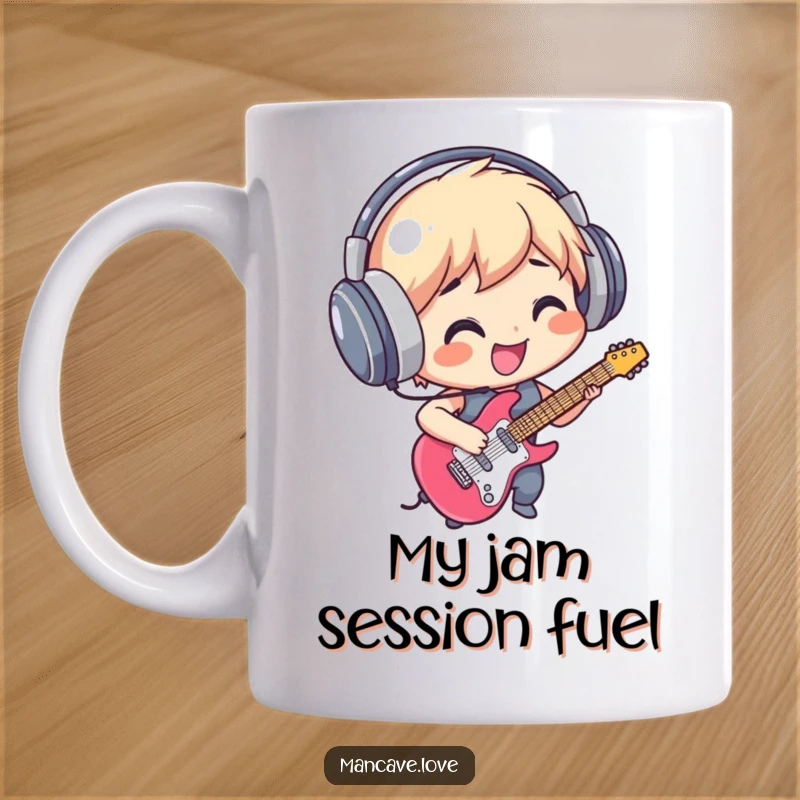 Funny Mug: A smiling character with giant headphones passionately playing air guitar, embodying musical joy and humor.
