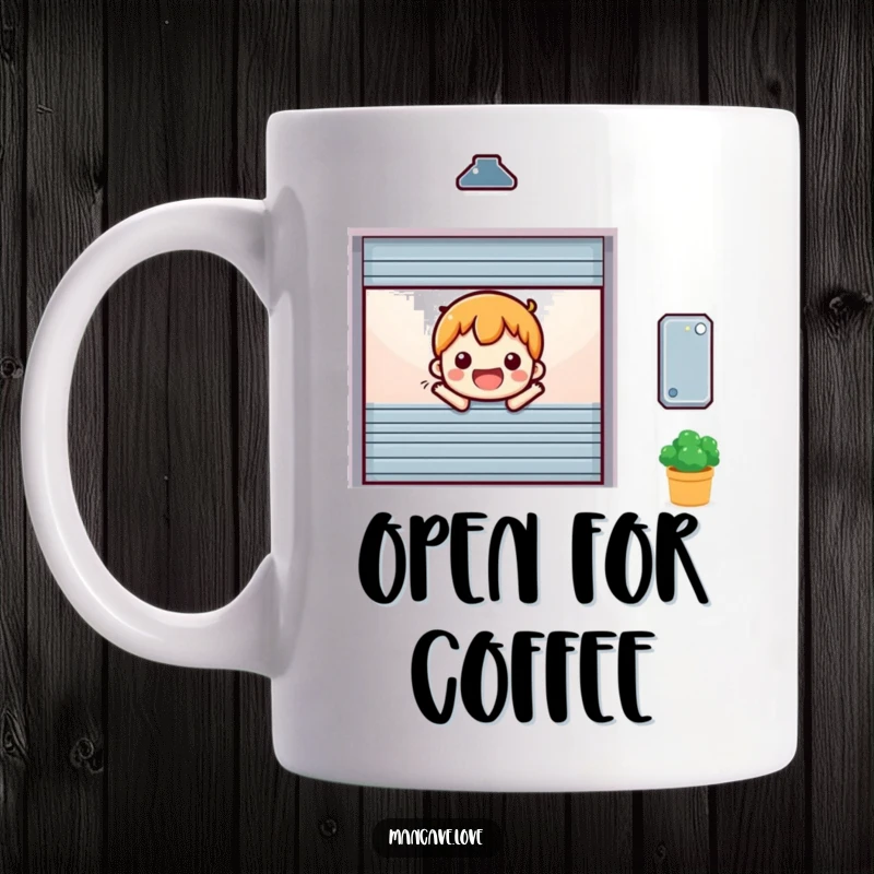 Funny miniature garage door character opening upwards cheerfully, bringing a welcoming vibe to this mug.