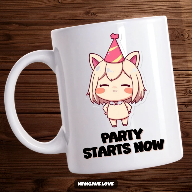 Funny mug with a character wearing a party hat, confidently giving a playful wink, a celebration ready gift.