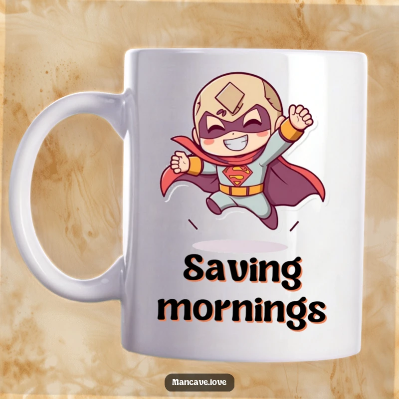 Funny mug depicting a character performing a dramatic superhero landing with a triumphant grin, celebrating heroism.