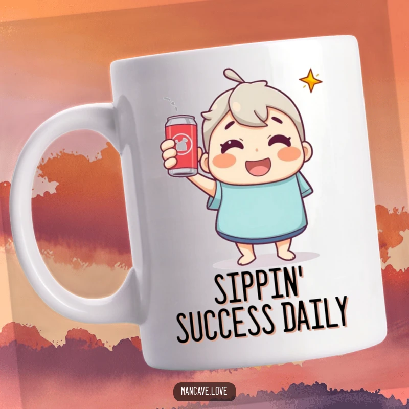 Funny Mug: A cheerful character raising a soda can in a triumphant toast, radiating happiness and bubbly energy.