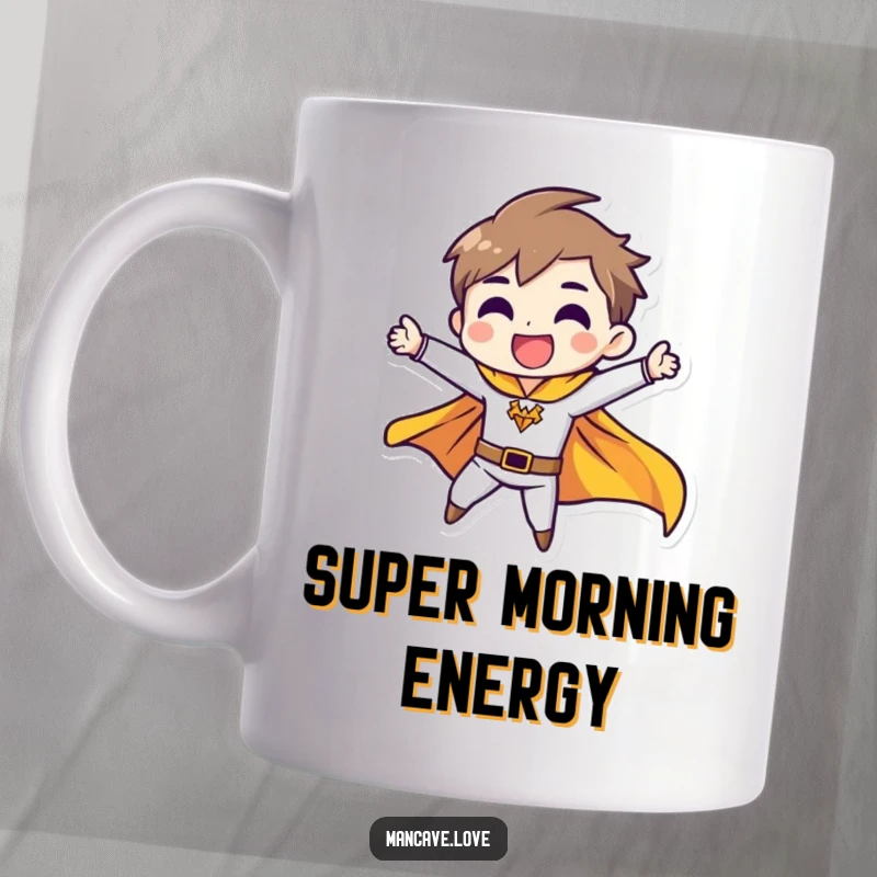 Funny mug featuring a character striking a heroic pose with a cape fluttering, celebrating everyday heroes with humor.