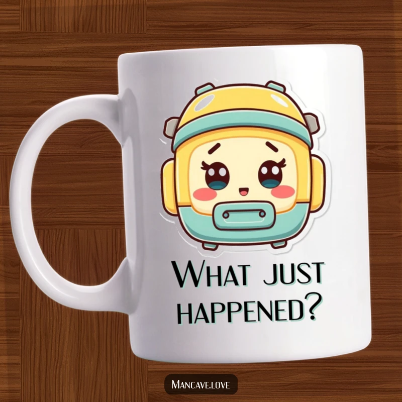 Funny mini toolbox character with a wide-eyed surprised expression, printed on a delightful coffee mug.
