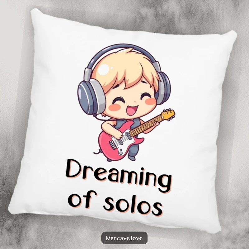 Funny Pillow: A smiling character in large headphones, mid-air guitar solo, bringing a fun and musical vibe to comfort.