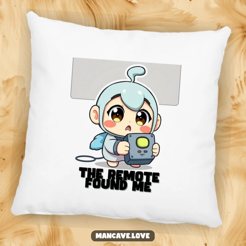 Funny Pillow: A surprised character wide-eyed, holding a TV remote, adding a touch of humor to relaxation.