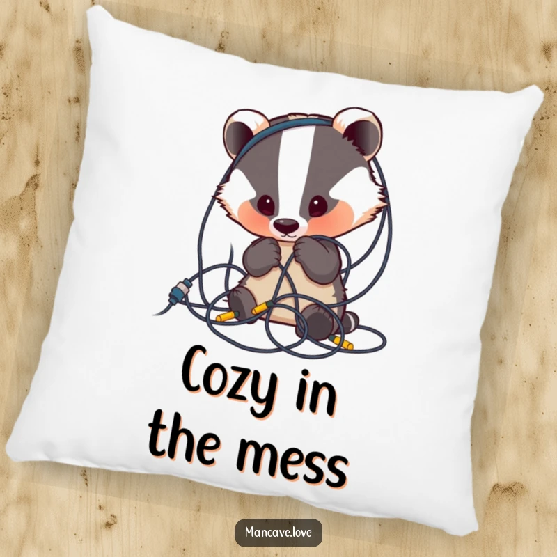 Funny Badger Pillow: A cute badger curiously examines a tangled mess of wires, offering soft comfort and humorous confusion.