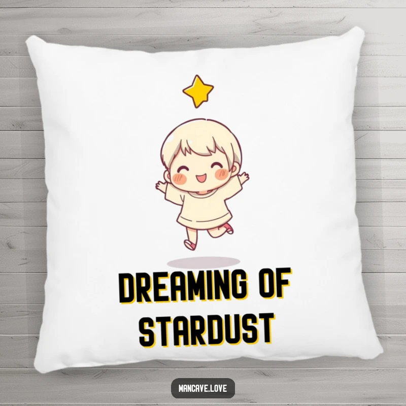 Funny Pillow featuring a character in a happy skip, a star overhead, bringing a touch of spontaneous joy to any room.