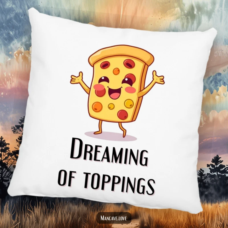 Funny pizza dance pillow with a smiling pizza slice character dancing joyfully, perfect for cozy comfort.