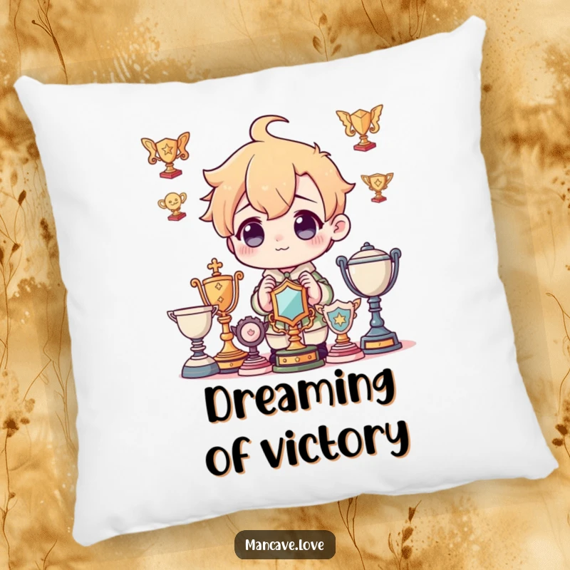 Funny Pillow: A character admiring imaginary trophies, bringing comfort and inspiration, a delightful funny gift.