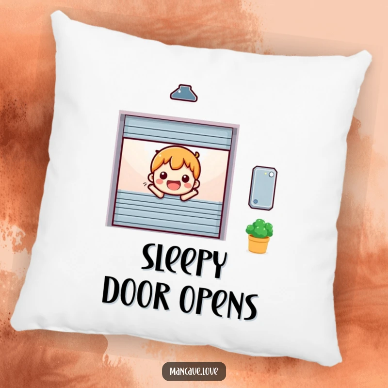 Funny miniature garage door character opening cheerfully, on a soft and decorative pillow.