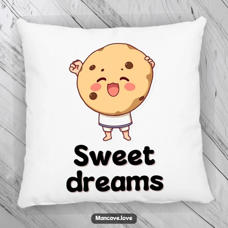 Funny pillow with a character triumphantly holding a giant cookie with pride, adding comfort and sweet humor.