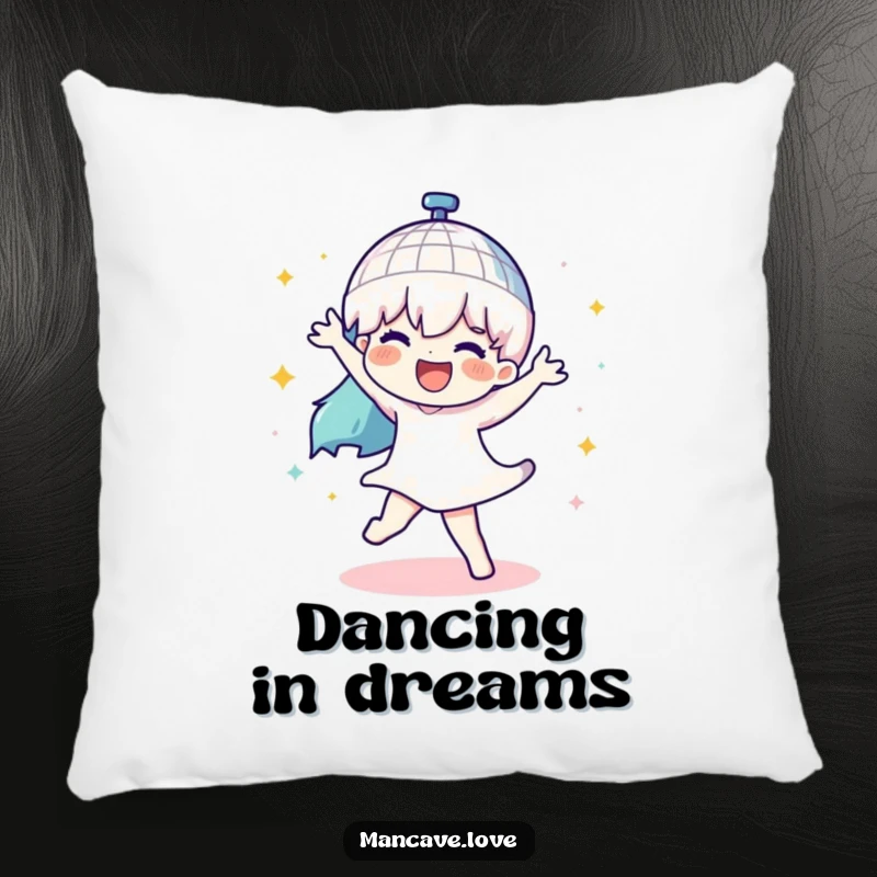 Funny pillow featuring a character dancing with a spinning disco ball, offering comfort and a humorous retro party touch.