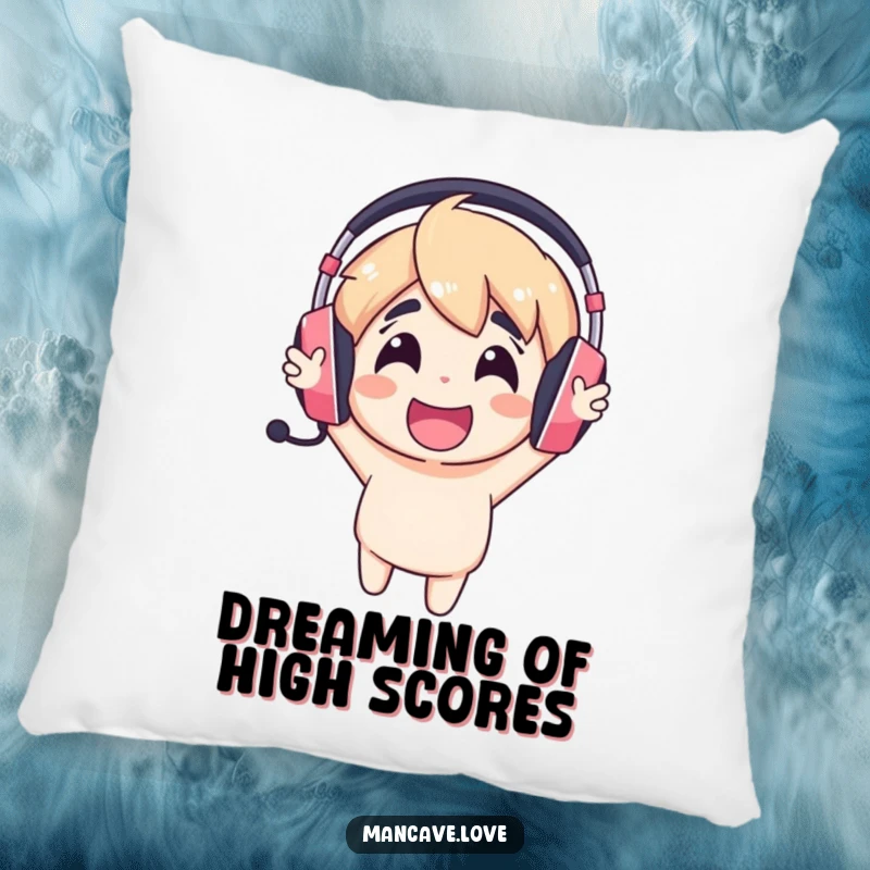 Funny gaming headset pillow with a cheerful character wearing a headset and cheering, perfect for gamer comfort.
