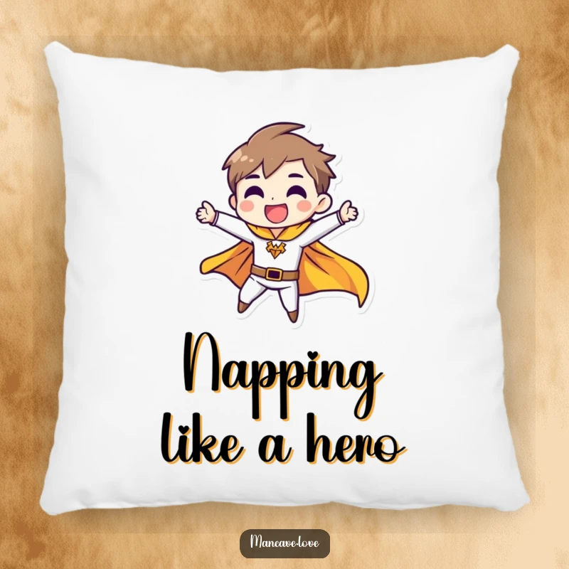 Funny pillow featuring a character striking a heroic pose with a fluttering cape, offering comfort and a humorous heroic touch.