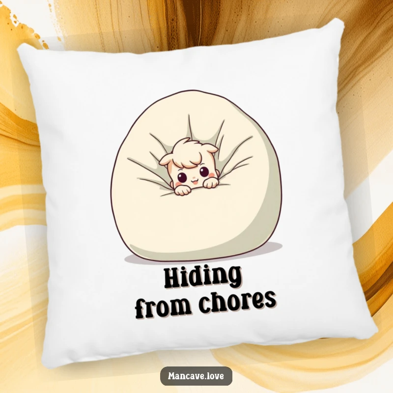 Funny mischievous character pillow, peeking from behind a giant beanbag chair, cozy and humorous accent.