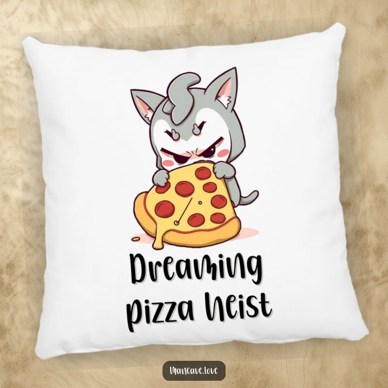 Funny pillow featuring a mischievous character sneaking a giant slice of pizza, offering comfort and humorous charm.